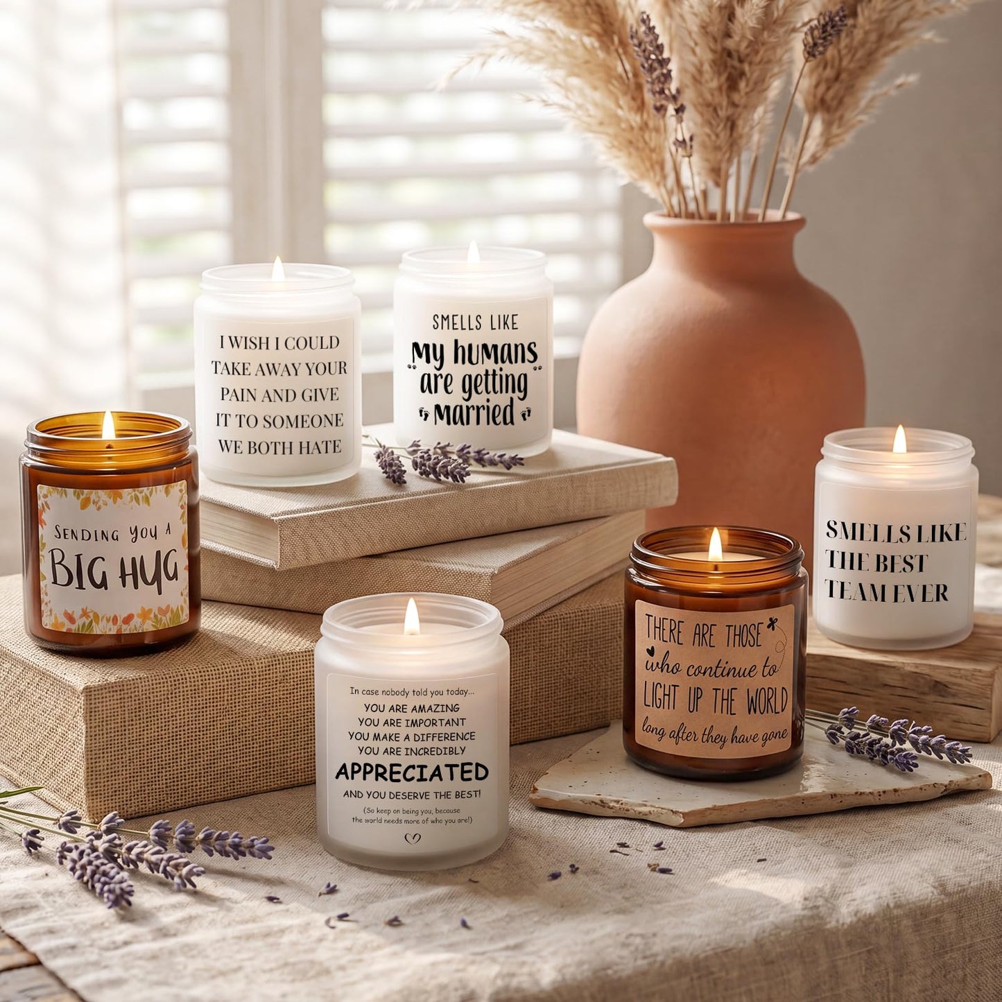 MULCHUM Lavender Scented Candle, Thinking of You Hug Gift for Friends, Relaxing Natural Soy Wax Jar Candle for Women Girlfriend Mom Sisters Stress Relief, 7oz 45 Hours Long Lasting Burn