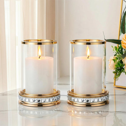 2pcs Hurricane Candle Holder, Pillar Candle Holders with Clear Glass Sleeve, Small Crystal Lantern for Fall Thanksgiving Christmas Holiday Dining Table Centerpiece (Gold)