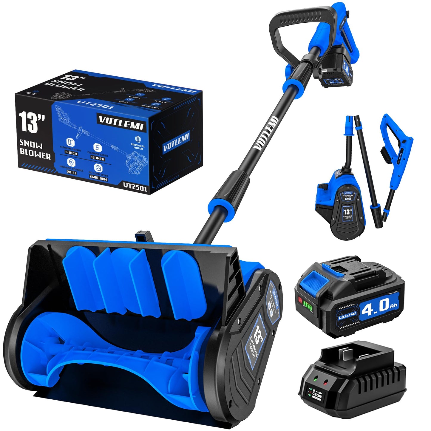 VOTLEMI Cordless Snow Shovel, 13 Inch Electric Snow Shovel with Directional Plate, Brushless Cordless Snow Blower for Pathway, Patio, Deck, Driveway, Blue