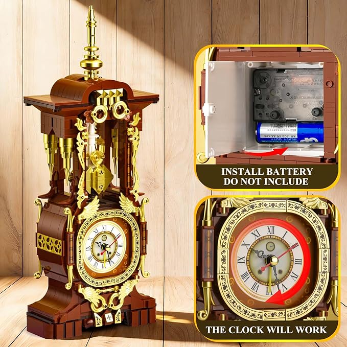 Retro Clock Building Set for Adults Vintage Pendulum Model with Rotating Gears Mechanical Building Blocks Toy Gift for Boys and Girls 8+(879PCS)