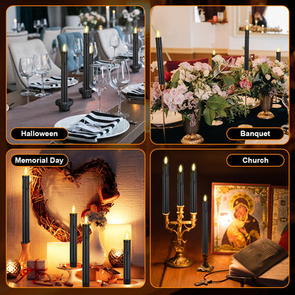 Macarrie 24 Pcs Black Flameless Taper Candles LED Battery Operated 6.5'', 7.7'', 8.8'', 10'' 3D Flickering Flame Candlesticks Drip Wax Shaped Candle for Wedding Anniversary Party Decoration
