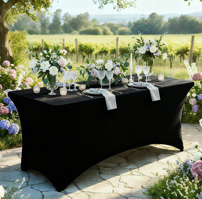 Moosfor Spandex Elastic Fitted 6FT Rectangle Tablecloth, Stretch Washable Reusable Table Cover for Outdoor Picnic, Camping, Dining, Wedding, Banquet & Party Events (Black, 72Lx30Wx30H Inch)