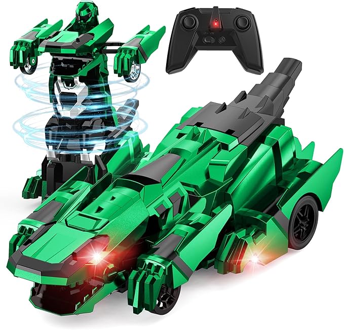 Dinosaur Transform Rc Cars 2.4Ghz Remote Control Car Transforming Robot with Flashing Light 360° Rotation One Button Deformation Car Toy Gifts for Boys Age 4-7 8-12