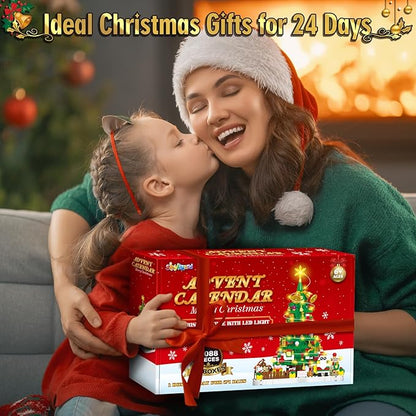 Advent Calendar 2025 Adult 1088 Pieces Christmas Tree Building Kit with Led Light 24 Days Christmas Countdown Christmas Tree Building Toy Set Ideal Xmas Gift Toy for Teen Boy