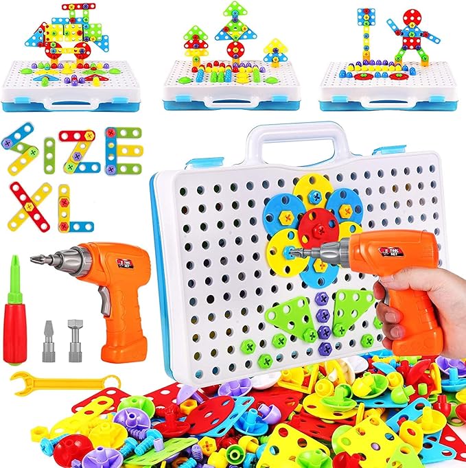 Educational Toys Building Blocks 244 Pieces Electric Screwdriver DIY Building Toys for Boys and Girls Educational Construction Building kit for Kids Ages 4 5 6 7 8 9 10 Year Old
