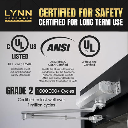LYNN HARDWARE Medium Duty Automatic Door Closer (Matte Black) - Highly Durable Cast Aluminum, Commercial or Home Use, Adjustable Speed Controls, 3 Mounting Options, 3 Hour Fire Rated (DC6003 Model)