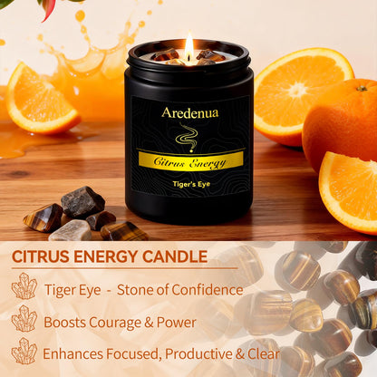 Aredenua Crystal Candle with Tiger Eye Healing Crystals, Citrus Aromatherapy Candle for Confidence, Natural Soy Wax Scented Candle with Real Gemstone, 7oz Long Burning, Motivational Chakra Gift