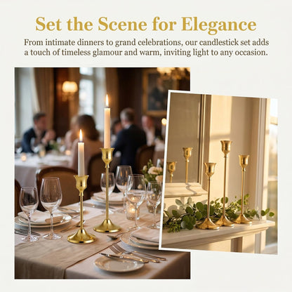 SylvaCraft Brass Gold Candle Holders Rustproof Taper Candlestick Holders for Holiday Party Table Centerpiece Wedding Fireplace Mantel Housewarming Gift(4 Sets(12 Pcs))
