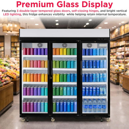 Frigidaire Commercial, 70.9" Triple Door Glass Display Refrigerator, Merchandiser Fridge, 49 Cu Ft, LED Lighting, 8 Wire Shelves, Digital Temperature Control, Self-Closing Glass Doors
