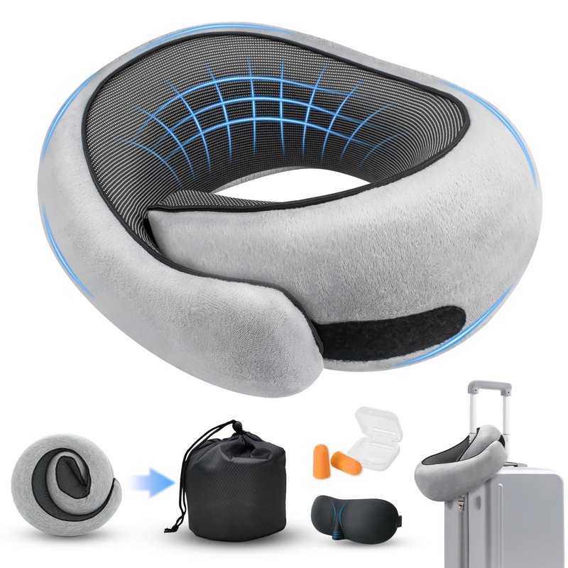 HiztoBlo Neck Pillow for Traveling, Travel Pillows for Airplanes 2025 New 100% Pure Memory Foam, Neck Pillow Airplane with 360º Ergonomic Design, Travel Neck Pillows for Airplanes, Office and Car
