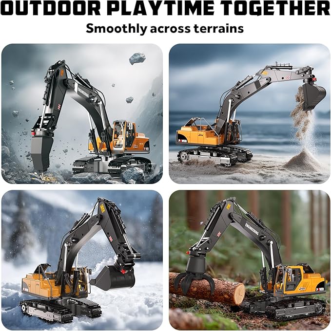 Remote Control Excavator Toys for Boys 3 in 1 RC Excavator Toy with Alloy Bucket Rock Breaker and Grapples - Rotatable 680° Lights and Sounds RC Construction Toys for Boys Age 3+