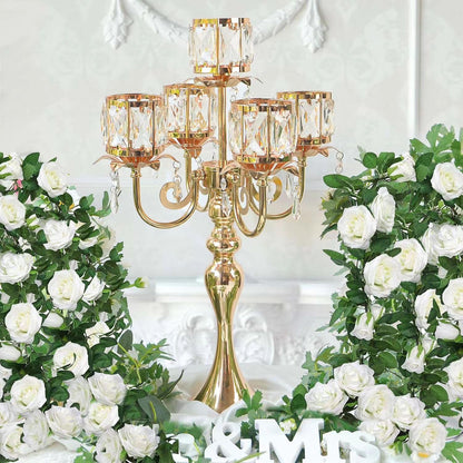 2 Pcs Kehail Gold 5 Arm Pendant Square Crystal Table Decor 22 inch Candle Holder, Classic and Elegant Table Centerpiece Atmosphere Candle Holders for Gift Wedding Party Home Decor