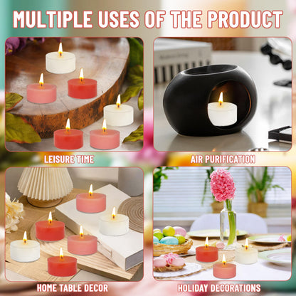 Scented Tea Light Candles 12 Pack Pastel Color Hand Poured Smokeless 4 Hours Clean Burning Small Round Clear Cups Tealight Candles for Romantic Dinners Wedding Centerpieces Cozy Evenings