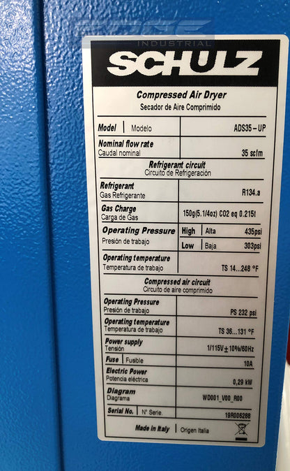 Schulz Refrigerated Air Dryer for Air Compressor, Compressed Air Systems, 35 cfm. Good for 7.5hp & 10hp Compressors (Stand Alone Dryer)