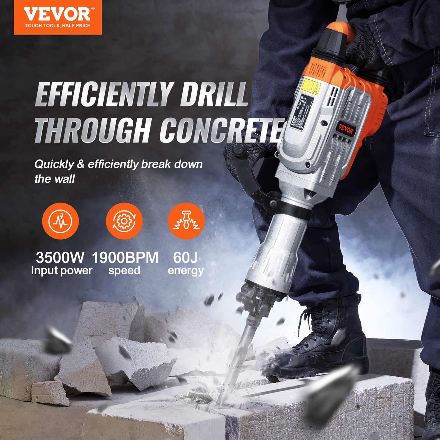VEVOR Electric Concrete Saw, 14 in Circular Saw Cutter with 5 in Cutting Depth, Wet/Dry Disk & Demolition Jack Hammer, 3500W Jack Hammer Concrete Breaker 1900 BPM Heavy Duty Electric Jack