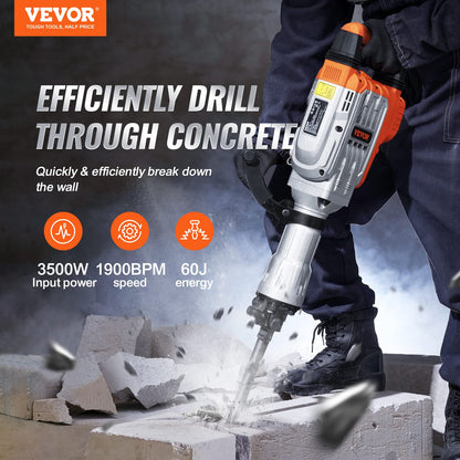 VEVOR Electric Concrete Saw, 14 in Circular Saw Cutter with 5 in Cutting Depth, Wet/Dry Disk & Demolition Jack Hammer, 3500W Jack Hammer Concrete Breaker 1900 BPM Heavy Duty Electric Jack