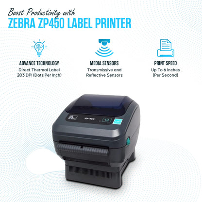 ZP450 Zebra Direct Thermal Label Barcode Printer with USB 2.0 Cable & 3 Prong Cord - USB, Serial and Parallel Connectivity 203 DPI (Renewed)