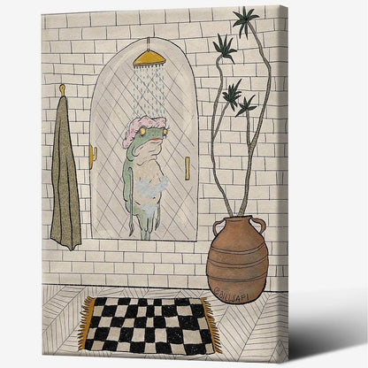 Funny Frog Bathroom Wall Art Print Poster Aesthetic Cute Frog Picture Bathroom Wall Decor 24X36 in Wrapped Framed