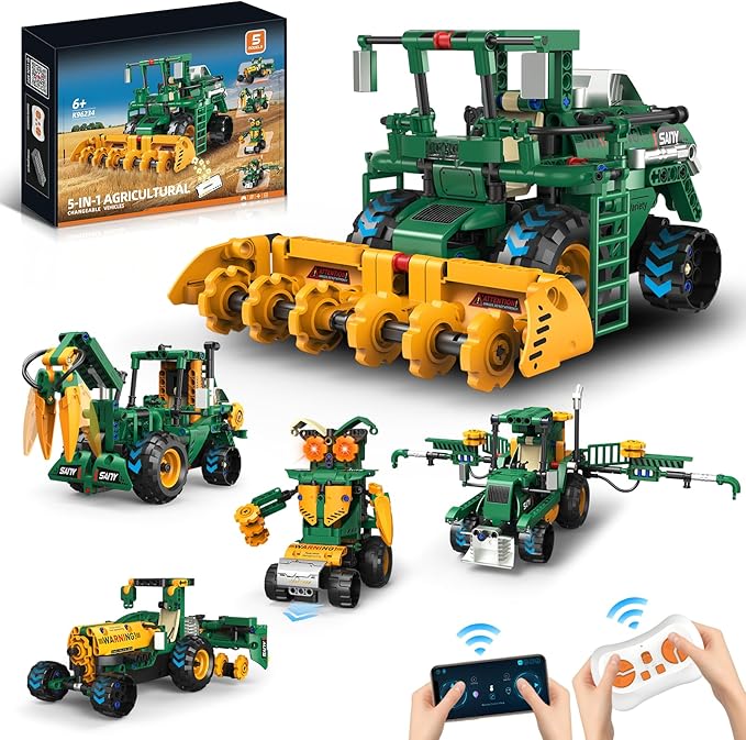 5 in 1 STEM Robot Toys Building Kits for Kids Ages 6-14 App &amp Remote Control STEM Harvester/Plowing Cart/Water Truck Robot Building Set Programmable Transformers RC Robotics Gifts for Kids Boys