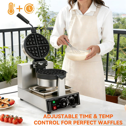 Commercial Waffle Maker 1300W Non-Stick Waffle Iron Rotatable 180° Waffle Baker Machine With Temp and Time Control for Bakery Snack Bar Family