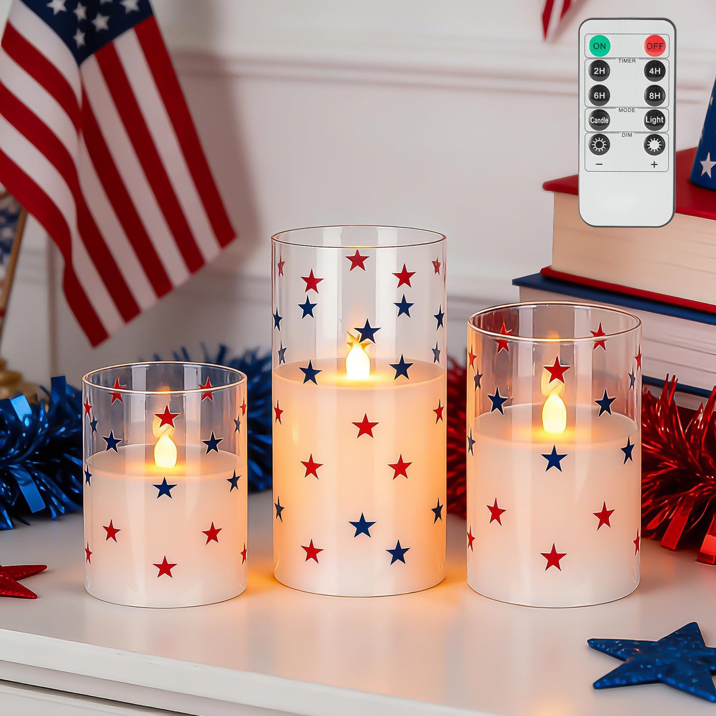 4th of July Candles, Glass Flameless Pillar Candles with Remote and Timer, Red White Blue Star Patriotic LED Candles, 250th Anniversary Battery Operated Independence Day Indoor Decor Set of 3