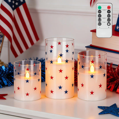 4th of July Candles, Glass Flameless Pillar Candles with Remote and Timer, Red White Blue Star Patriotic LED Candles, 250th Anniversary Battery Operated Independence Day Indoor Decor Set of 3