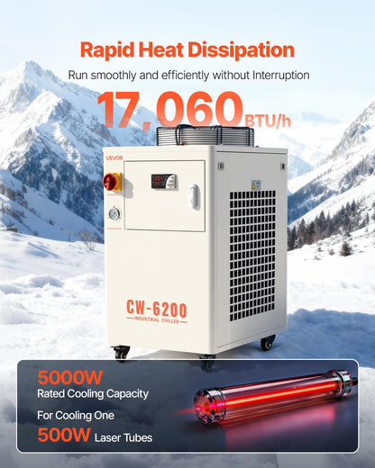 VEVOR Industrial Water Chiller, 17,060 BTU/h, Industrial Water Cooler Cooling System with Compressor, 3.96  Gal Tank Capacity, 18.5 GPM Max Flow Rate, for CO2 Laser Tube Engraving & Cutting Machine