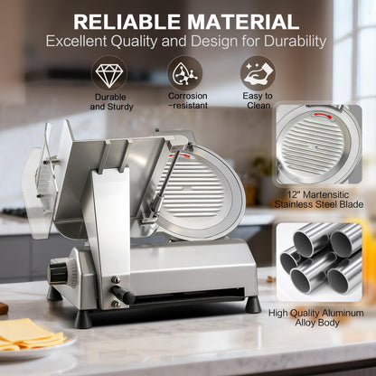Zomagas 12-inch Commercial Meat Slicer, 270W Powerful Food Slicer, 0-18mm Thickness Adjustment, Built-in Sharpener, Suitable for Slicing Meat, Cheese, Vegetables, and More
