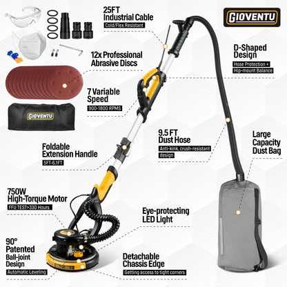 Drywall Sander, 750W Powerful Electric Drywall Sander with Vacuum Attachment, Auto Dust Collection, 7 Variable Speed 900-1800RPM, Dustless Wall Sander with Long Power Cord for Popcorn Ceiling, Drywall