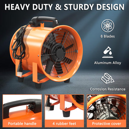 HYITCL 10 Inch Utility Blower Fan 1600CFM Industrial Portable Exhaust Fan with 16.4Ft Duct Hose, 3300 r/min High Velocity Ventilation Extraction and Ventilation Fan