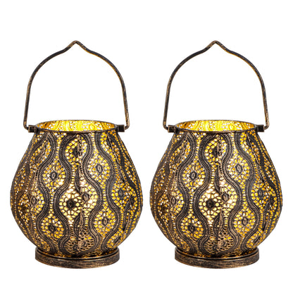 TRIROCKS Set of 2 Moroccan Decorative Lamps 8'' High Cordless Lamp Metal Table Lamps with Fairy Lights Bulb for Home Living Room Garden Yard Party Events Tabletop Indoor Outdoor(Black)