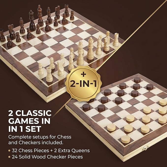 Wooden Magnetic Chess Set &amp Checkers Board Game 15” Foldable Chess Board | Solid Wood 2-in-1 Board Game for Adults with Storage Box 2 Extra Queens Portable Travel Chess Set for Kids &amp Begin