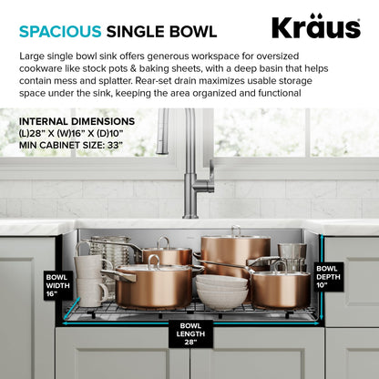 KRAUS Standart Pro 30 -inch Undermount Single Bowl 16 Gauge Stainless Steel Kitchen Sink, KHU100-30