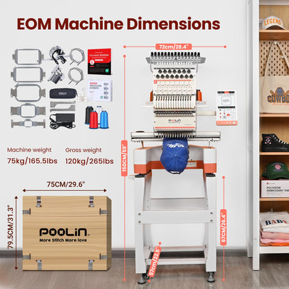 Poolin EOM 15-Needle Commercial Embroidery Machine,14.2"x9.5" Large Embroidery Area for Small Business User Friendly,for Hats,Cap & 3D Caps & Daily Orders,Auto Color Change & Trim,WiFi/USB Transfer