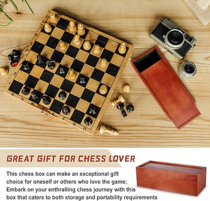 Heavy Slide-top Chess Pieces Storage Box Wooden Case Only 12.5 x 5.5 x 4 Inches with Flannel Lining with 2 Large Storage Compartments Hold a Set of Chess Pieces from 3.0 to 4.4
