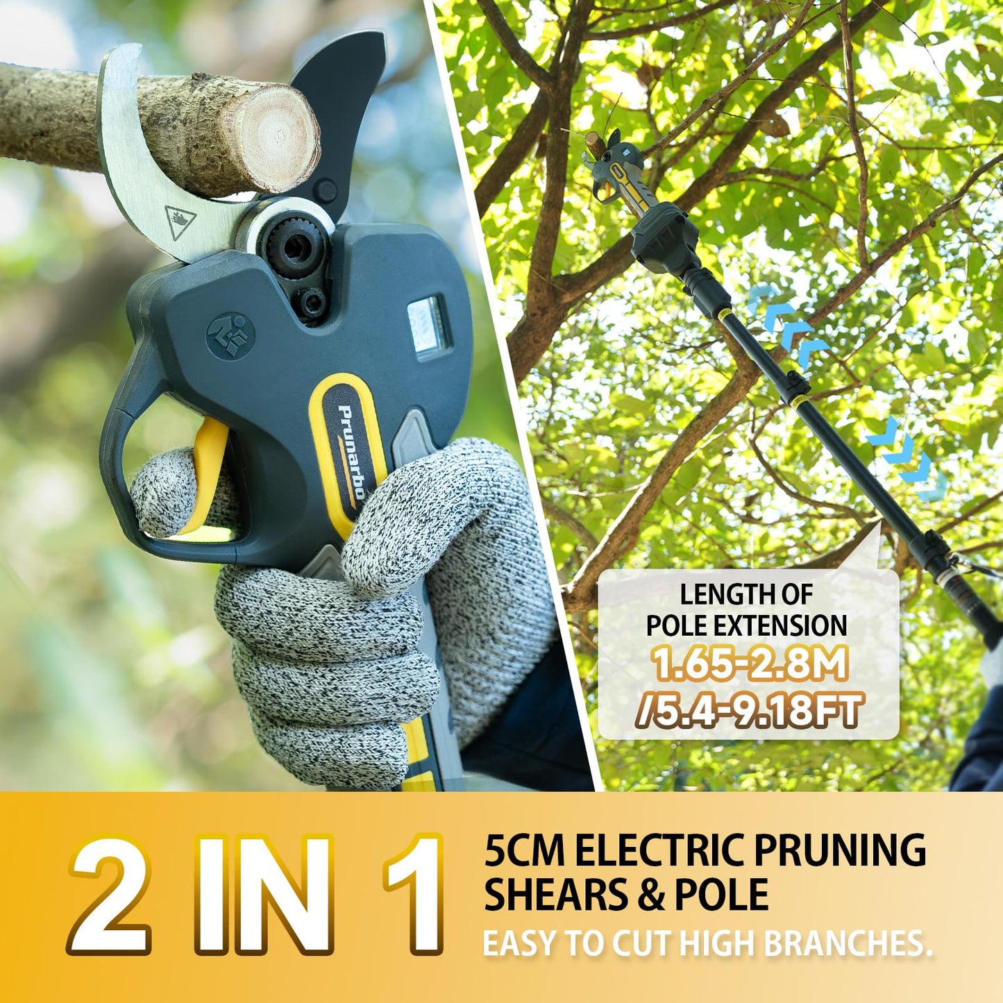 Prunarbo 2-in-1 Pole Pruning Shears Cordless, 50mm 2" Cutting Diameter Electric Secateurs & 9.2ft Reach Telescopic Rod Compatible with Makita 18V Battery Powered Pruner Professional for Tree Trimming