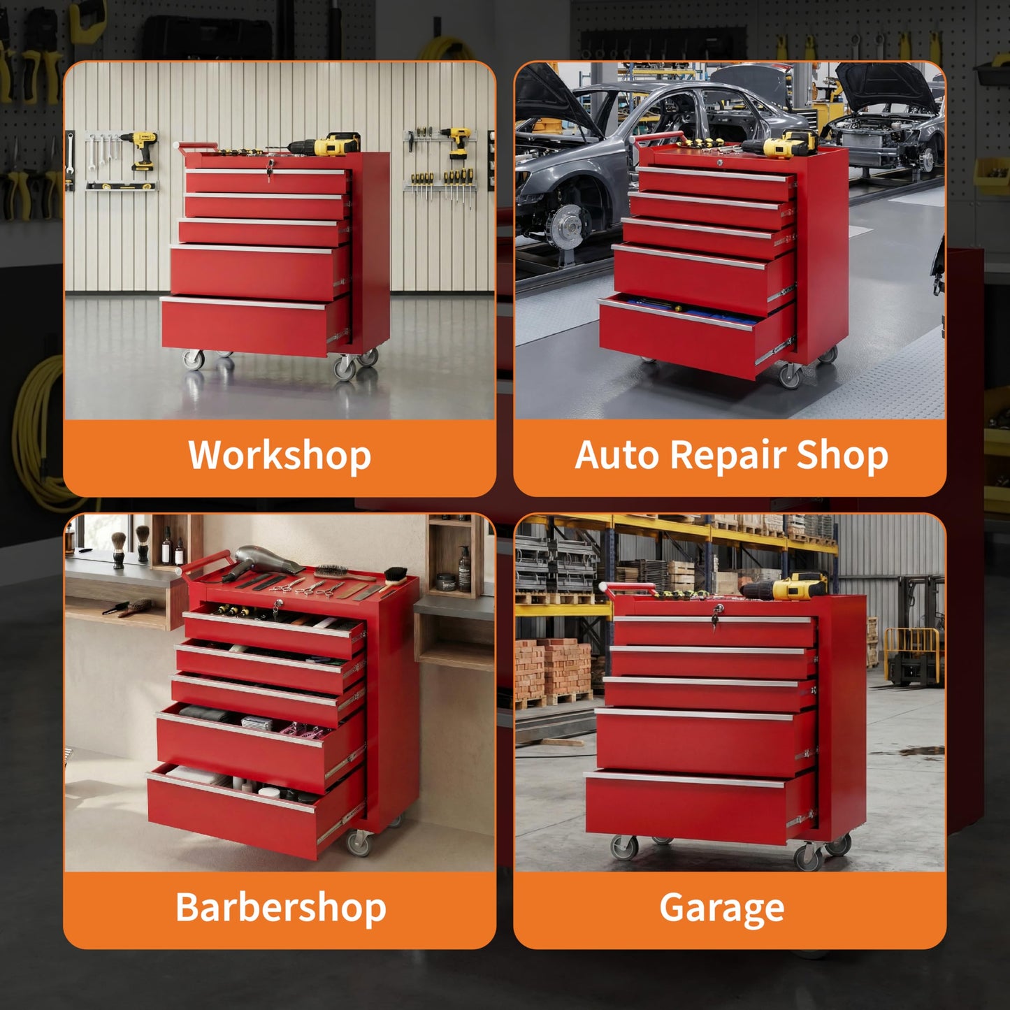 PeakPursuit 5-Drawers Rolling Tool Chest, Portable Tool Box with Wheels and Lock System, Secure Storage Cabinet for Warehouse, Workshop, and Repair Shop, Red