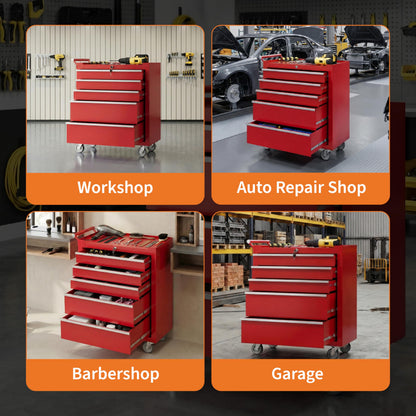 PeakPursuit 5-Drawers Rolling Tool Chest, Portable Tool Box with Wheels and Lock System, Secure Storage Cabinet for Warehouse, Workshop, and Repair Shop, Red