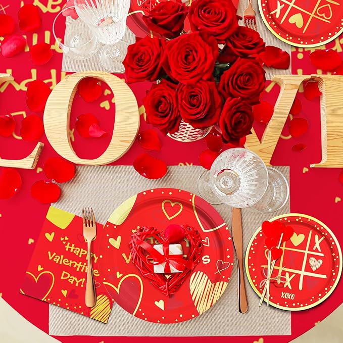 Valentine's Day Party Supplies Red Heart Love Disposable Paper Plates Napkins Cups plastic Tablecloth for Valentine's Day Engagements Anniversary Birthday Party Serve 25