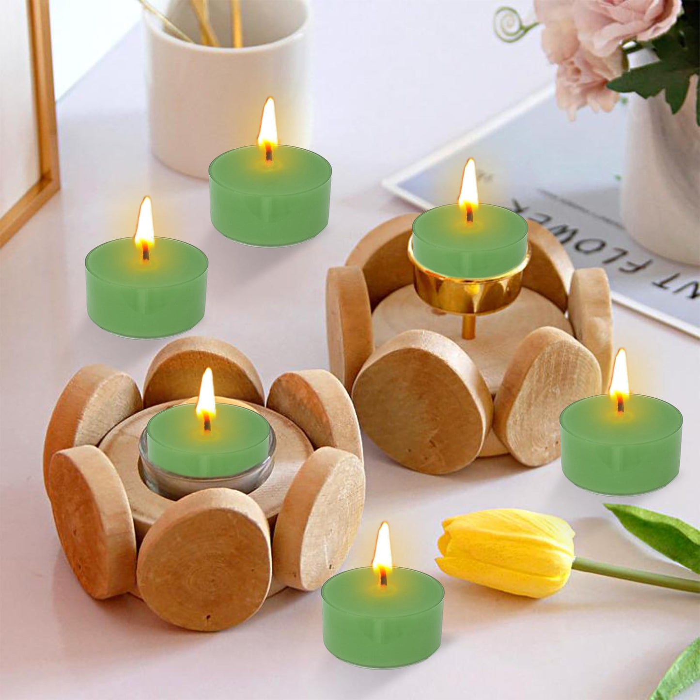 Sage Sea Salt Scented Tea Light Candles 24 Pack Sage Green Hand Poured Smokeless 4 Hours Clean Burning Small Round Clear Cups Tealight Candles for Romantic Dinners Wedding Centerpieces Cozy Evenings