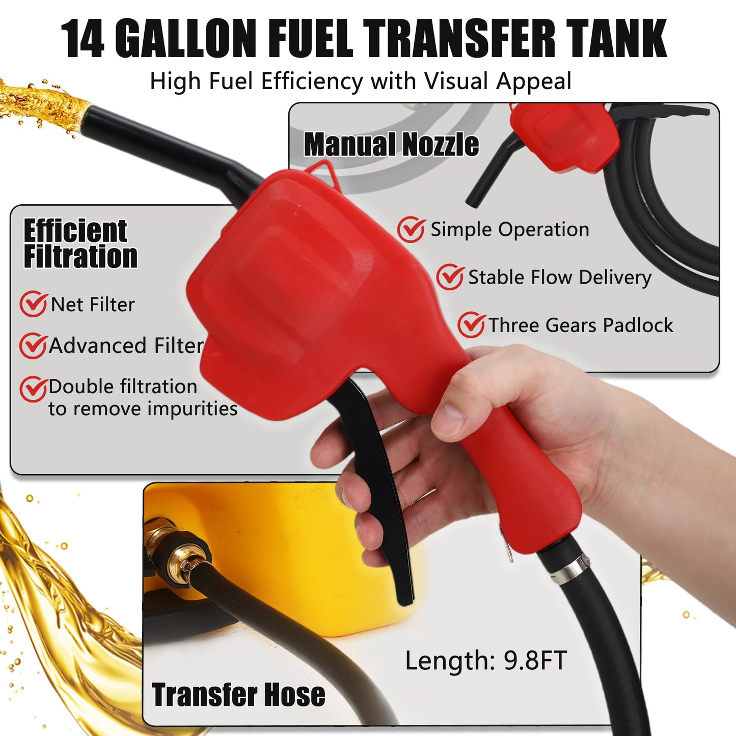 Garvee 15 Gallon Gas Can, Fuel Caddy with Pump, Fuel Transfer Tanks with 10 FT Delivery Hose Diesel Fuel Can for Cars, Lawn Mowers, Boats,Medium, Yellow