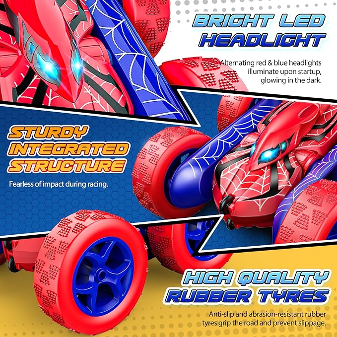 Spider RC Cars Remote Control Car Double Sided 360°Flip 4WD Rechargeable RC Drift CarToys for 3-12 Year Old BoysToys for Ages 5-7 Toys for Ages 8-13 Christmas Basket Stuffers (Red)