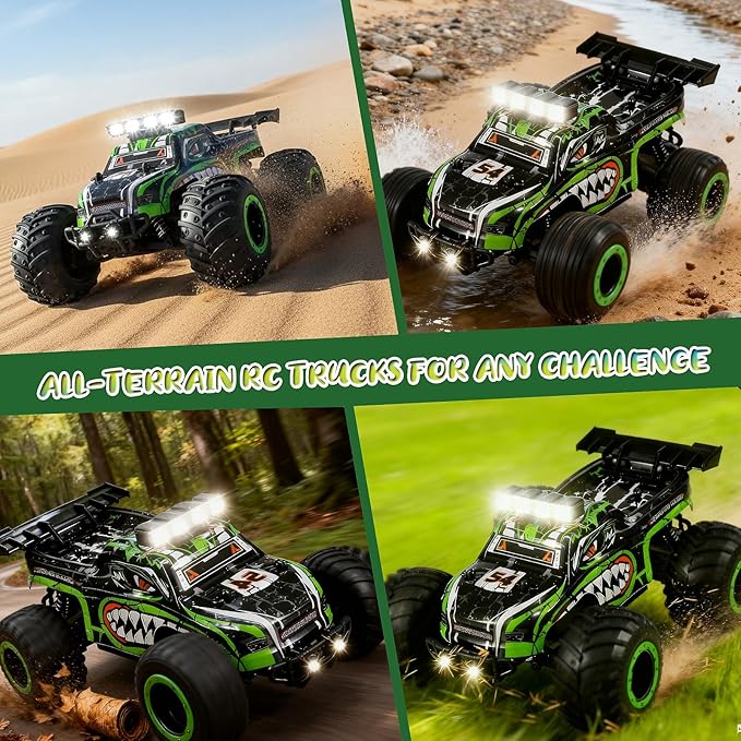Remote Control Monster Truck for Kids: Off-Road RC Car with Headlights &amp Body Lights 1:18 20 km/h 2WD 2.4 GHz All-Terrain Rechargeable High-Speed - Birthday for Boys Ages 4-12