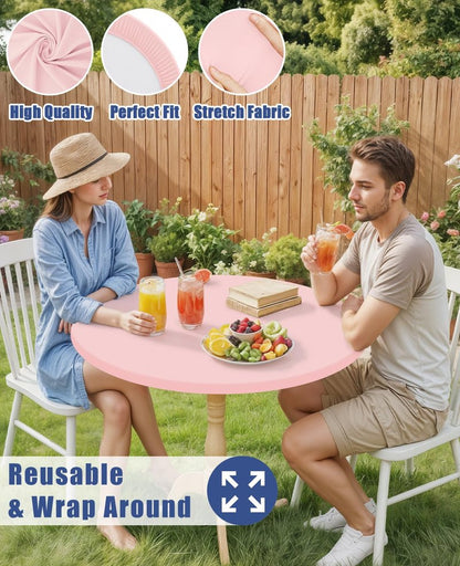 Moosfor Round Spandex Valentines Day Tablecloth, Elastic Fitted Waterproof Tablecloths for 36"-44" Tables, Stretch Washable Picnic Table Cover for Camping, Dining, Indoor and Outdoor, Pink
