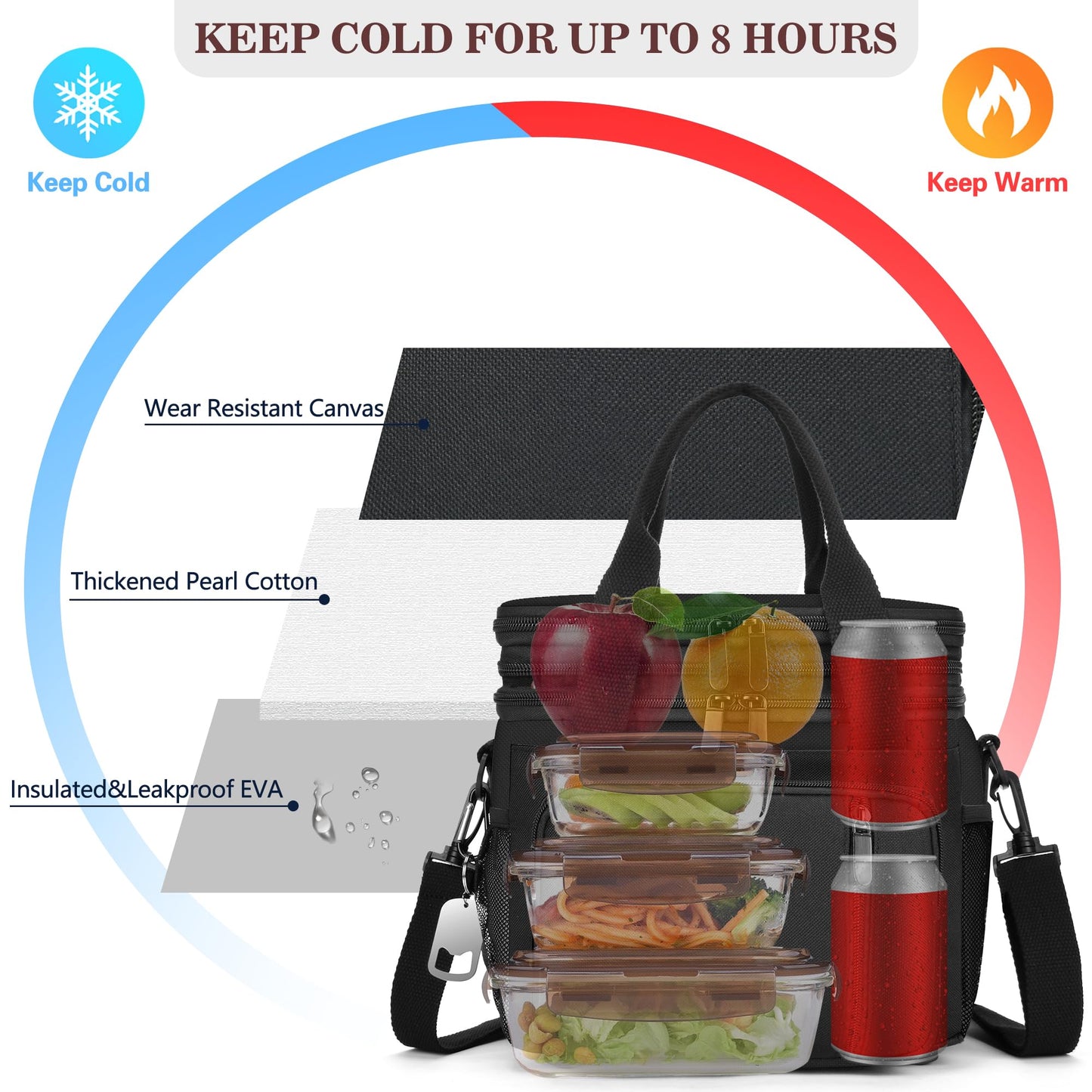 BAGNN Lunch Box & Lunch Bag for Men Women, Large Insulated Adult Lunch Box, Leakproof Cooler Lunchbox with Bottle Opener for Work Picnic Beach, 16L, Black