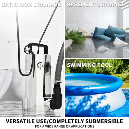 LANCHEZ 1.6HP 6000GPH Sump Pump, Stainless Steel High Flow Submersible Water Pump with Float Switch, Automatic Transfer Water Pump for Swimming Pool Basement Flooded Pit Sewage Sink Tub, Silver
