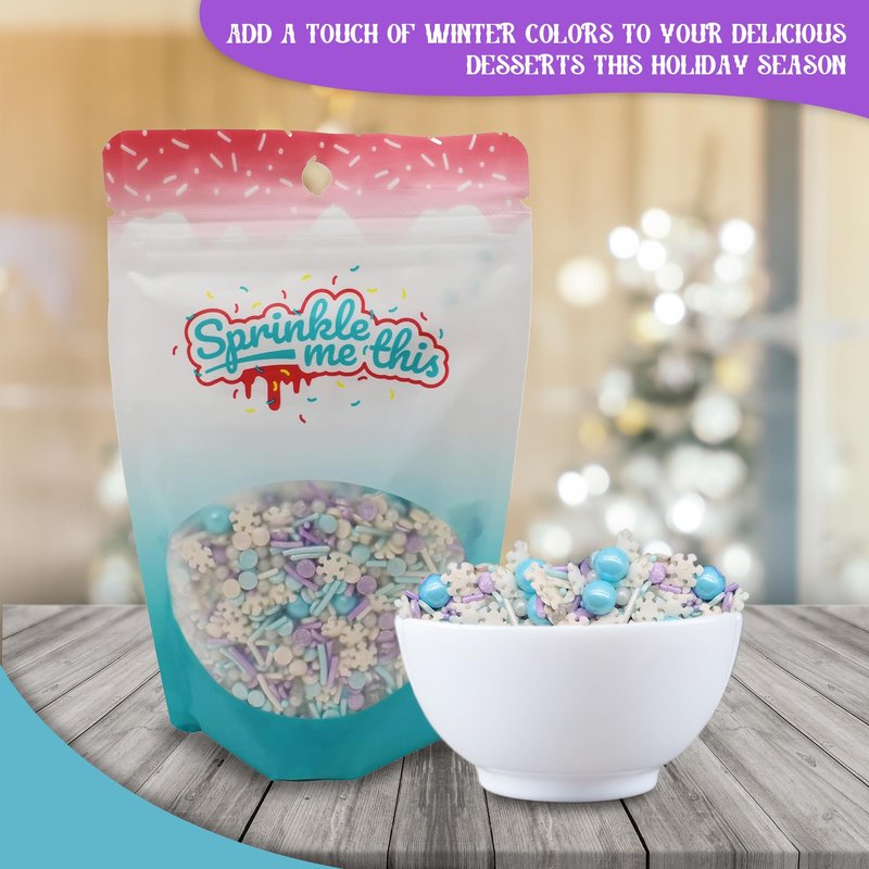 Let it Sprinkle - 12 Oz Resealable Bag - Winter and Christmas Themed Sprinkle Mix - Features Teal, Purple, and White Jimmies, Teal Pearls, and White Snowflake Quins - Cake and Ice Cream Sprinkles