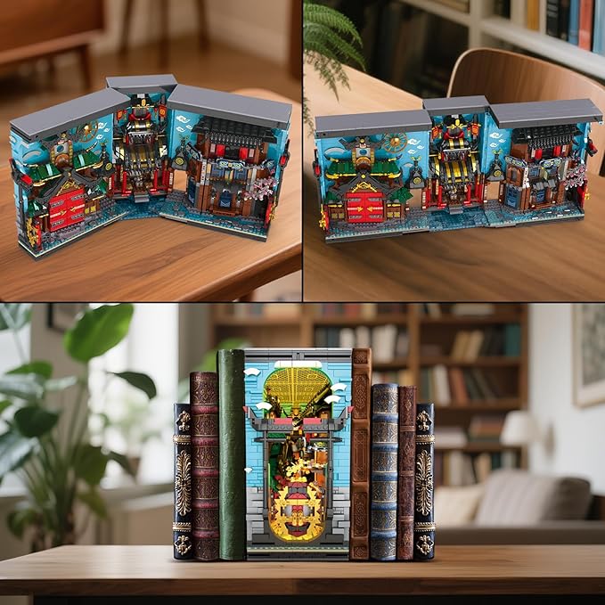 Reobrix Ninja-Themed Bookend Building Set with LED Lights - 2850PCS Book Nook Model Kit Bookshelf Decor for Adults 14+ STEM Gift for Anime Fans（66029）