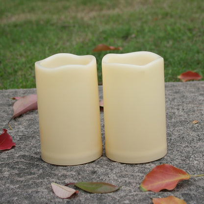 iZAN Outdoor Indoor Flameless Candles with Timer Waterproof Plastic Realistic Flickering Battery Operated LED Pillar Candles Long Lasting 1500 Hours Battery Life 3x5 inch Waved Edge 2-Pack