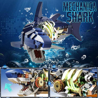 Mechanical Shark Building Block Set with Light Compatible with Lego Shark 687PCS Movable Ocean Sea Animals with Display Stand STEM Fish Toys for Home Office Decor for Adults Boys